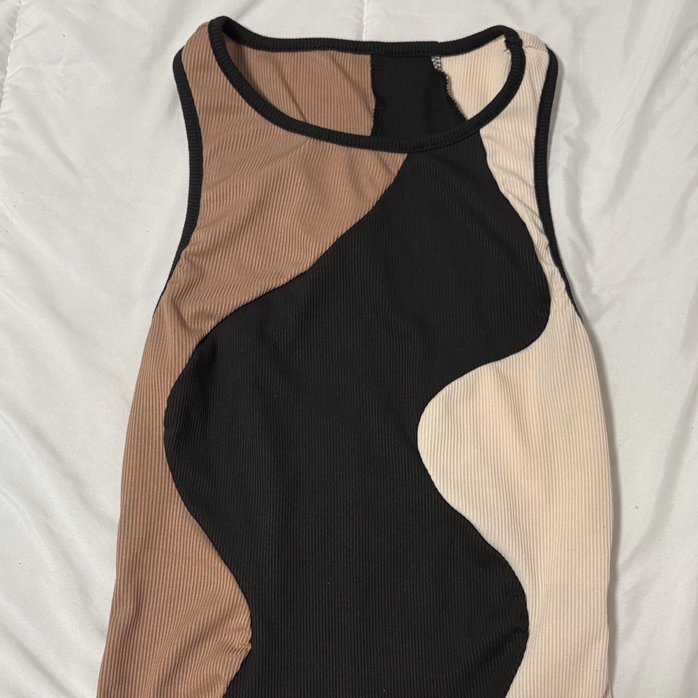 Colorblock Ribbed Tank Top - Black, Brown & Cream